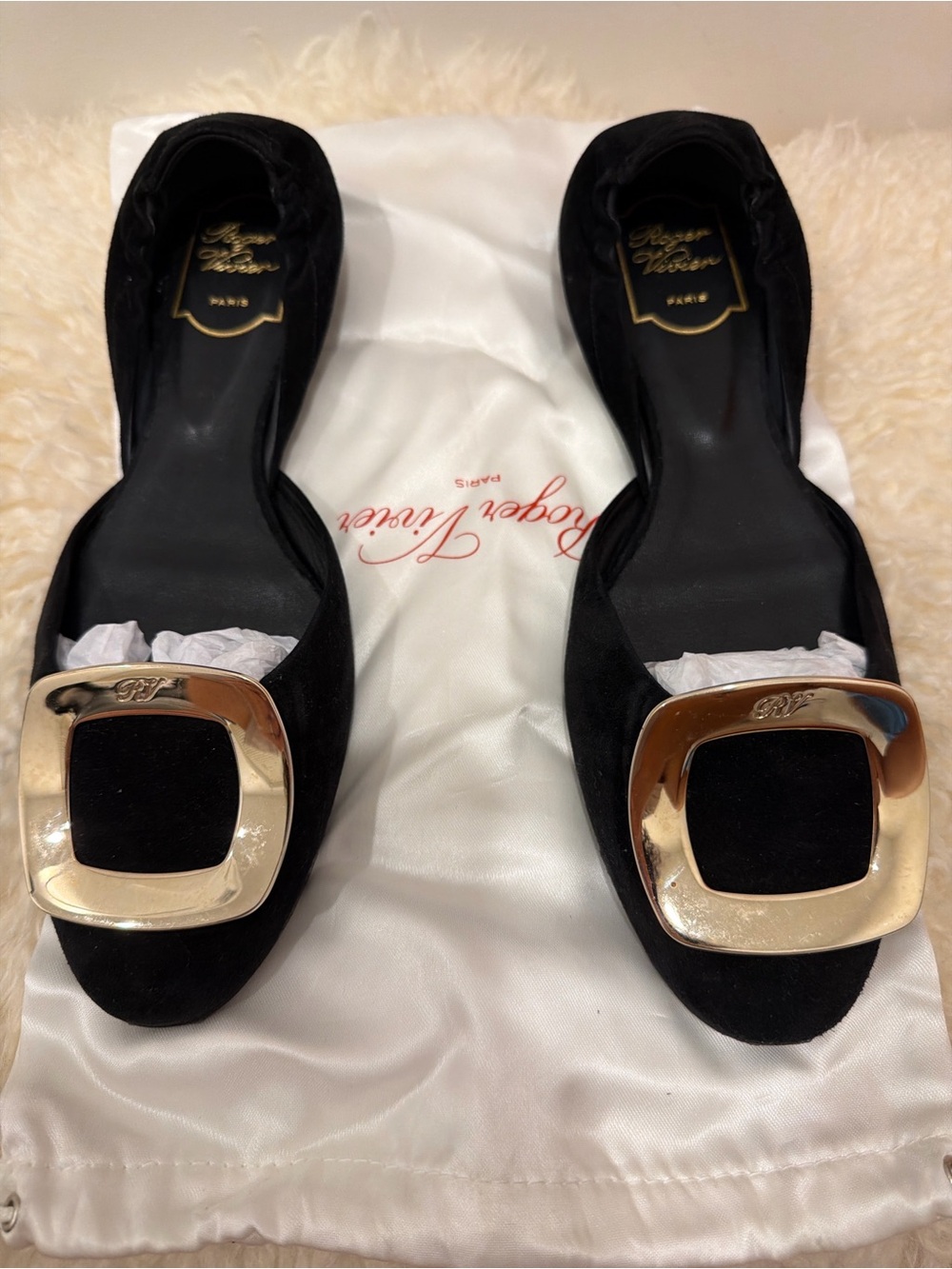 NWOT Roger Vivier Square-Buckle D'Orsay Ballerina Flat in Black Suede (size 38.5